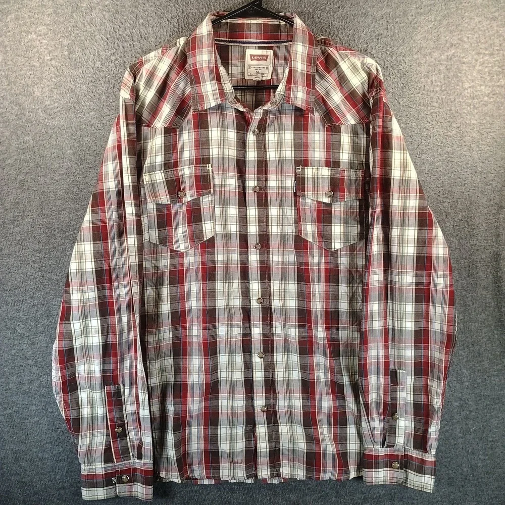 Levi's Shirt Men XL Red Beige Plaid‎ Flannel Western Pearl Snap Double Pocket